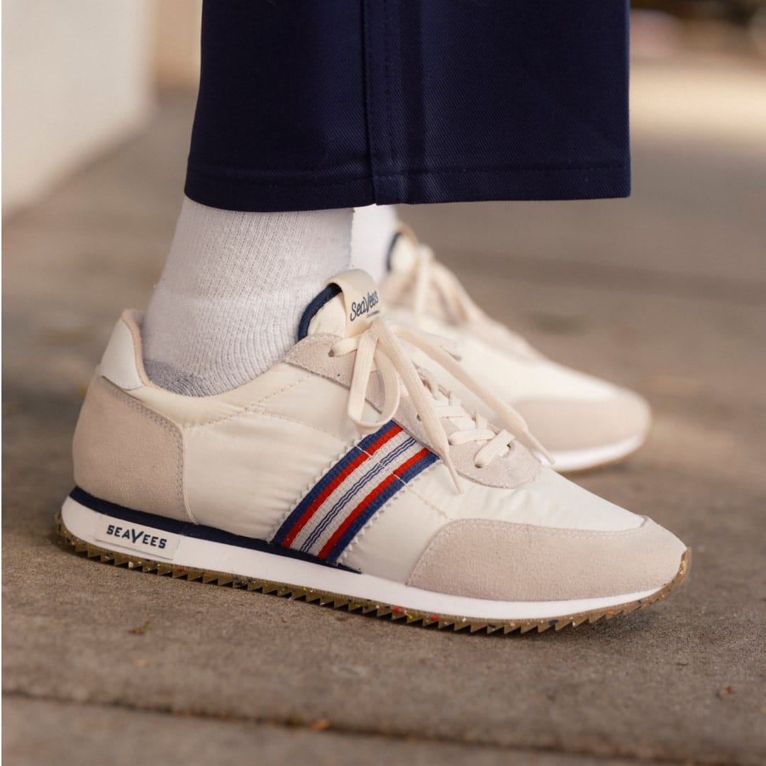 White shoes with outlet red and blue stripes